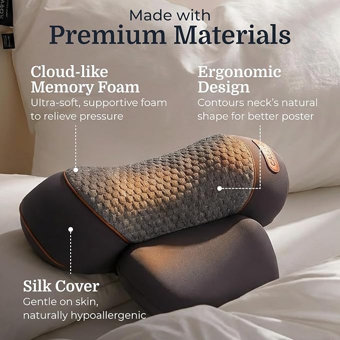 Memory foam, ergonomic shape, soft cover