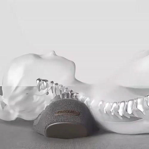 Side profile: the head tips back into the device and the neck lengthens